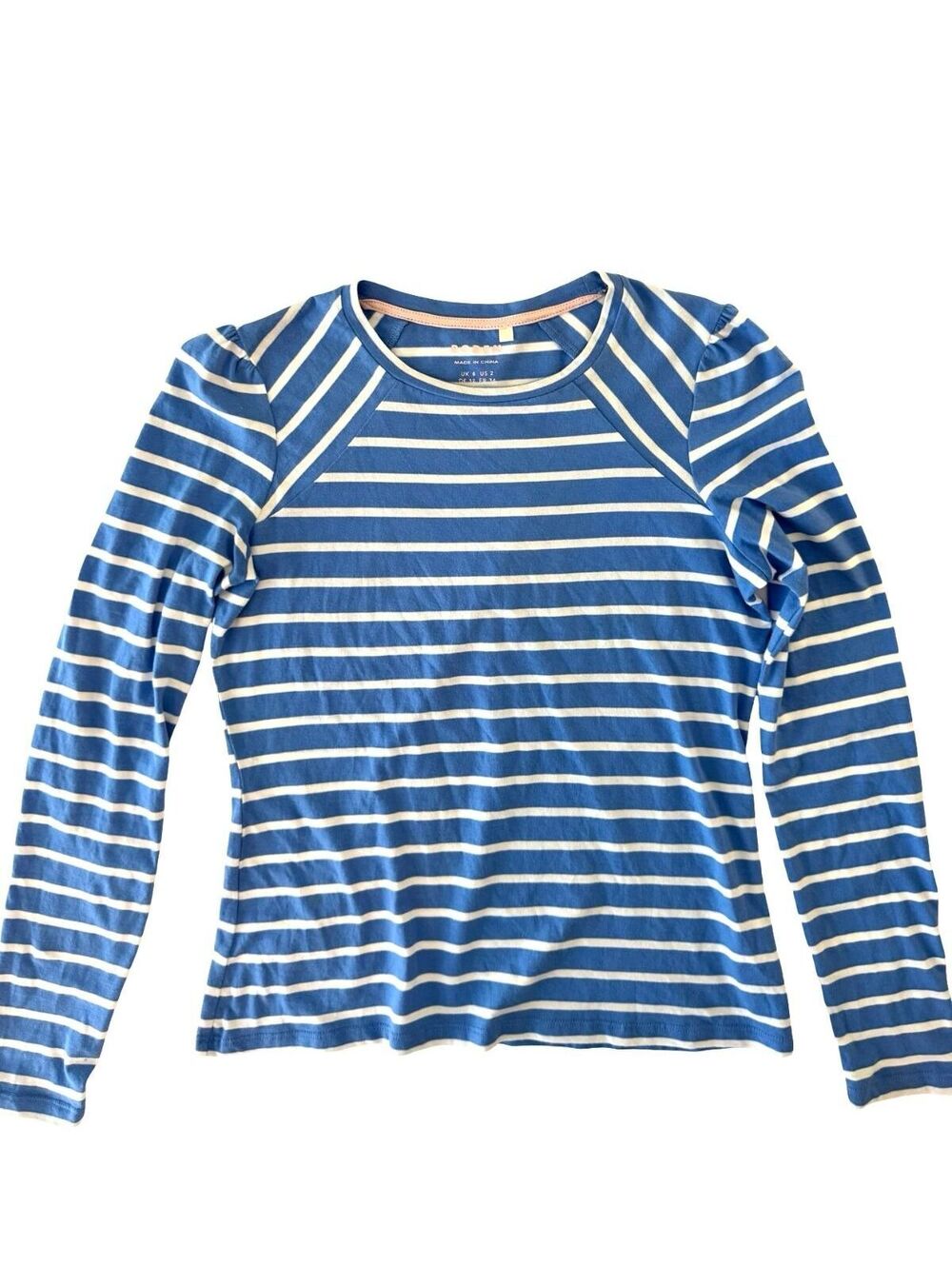 Boden Women’s 2 Blue Ivory Breton Stripe Puff Sleeve Cotton Top Nautical Preppy